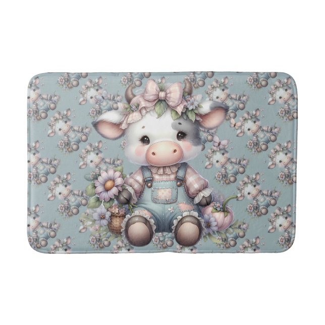 Cute Pastel Baby Cow in Overalls with Flowers Bath Mat (Front)