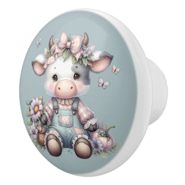 Cute Pastel Baby Cow in Overalls with Flowers Ceramic Knob (Right)