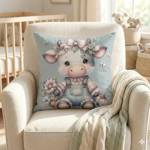 Cute Pastel Baby Cow in Overalls with Flowers Cushion