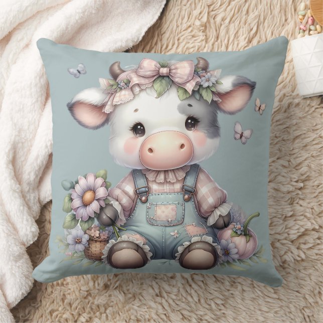 Cute Pastel Baby Cow in Overalls with Flowers Cushion (Blanket)