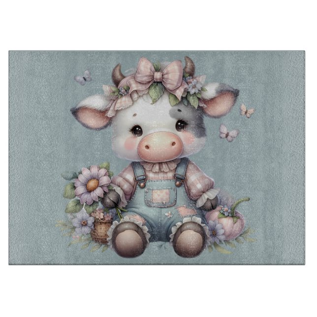 Cute Pastel Baby Cow in Overalls with Flowers Cutting Board (Front)