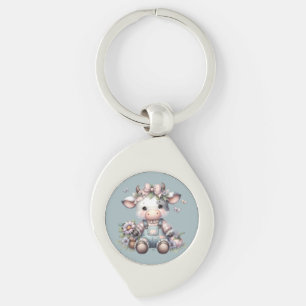 Cute Pastel Baby Cow in Overalls with Flowers Key Ring