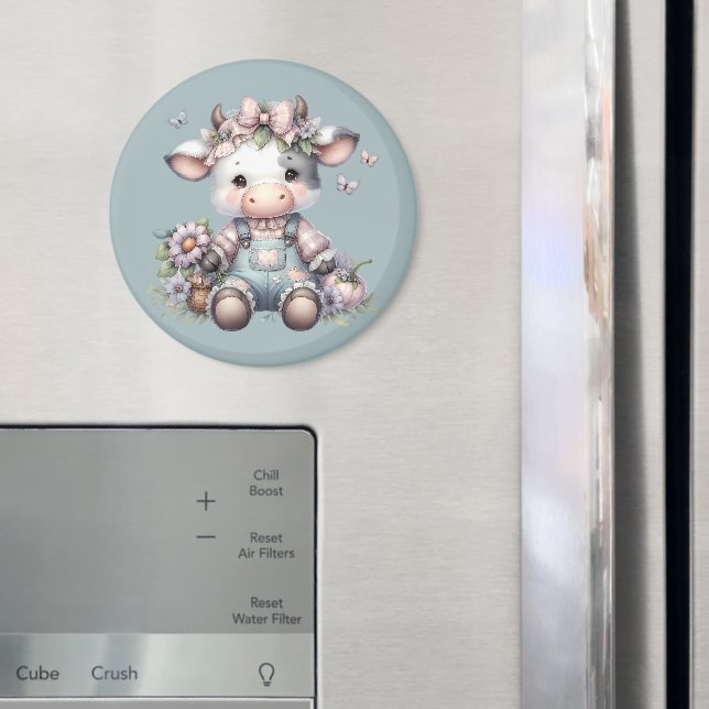 Cute Pastel Baby Cow in Overalls with Flowers Magnet (In Situ (Fridge))