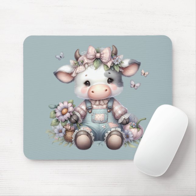 Cute Pastel Baby Cow in Overalls with Flowers Mouse Mat (With Mouse)