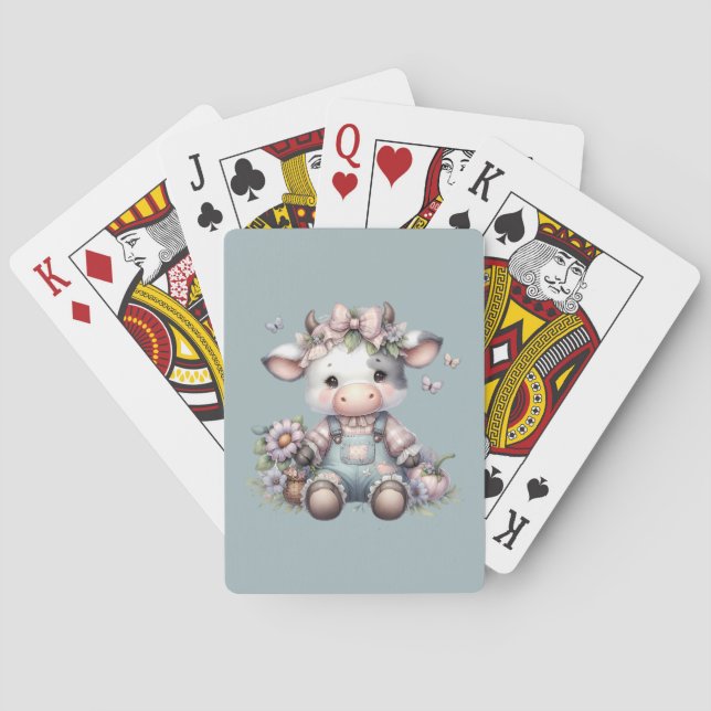 Cute Pastel Baby Cow in Overalls with Flowers Playing Cards (Back)