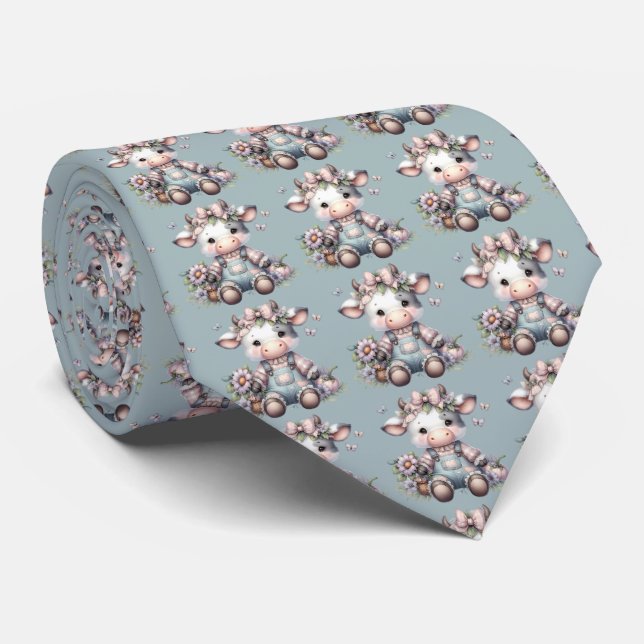 Cute Pastel Baby Cow in Overalls with Flowers Tie (Rolled)