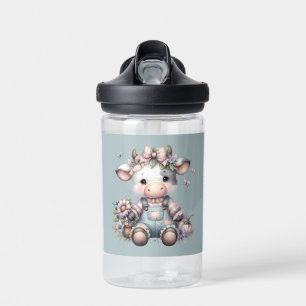 Cute Pastel Baby Cow in Overalls with Flowers Water Bottle