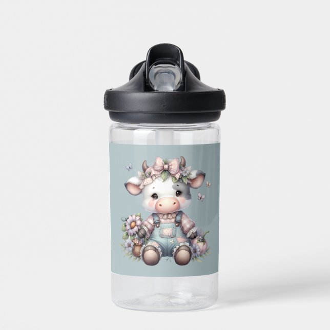 Cute Pastel Baby Cow in Overalls with Flowers Water Bottle (Front)