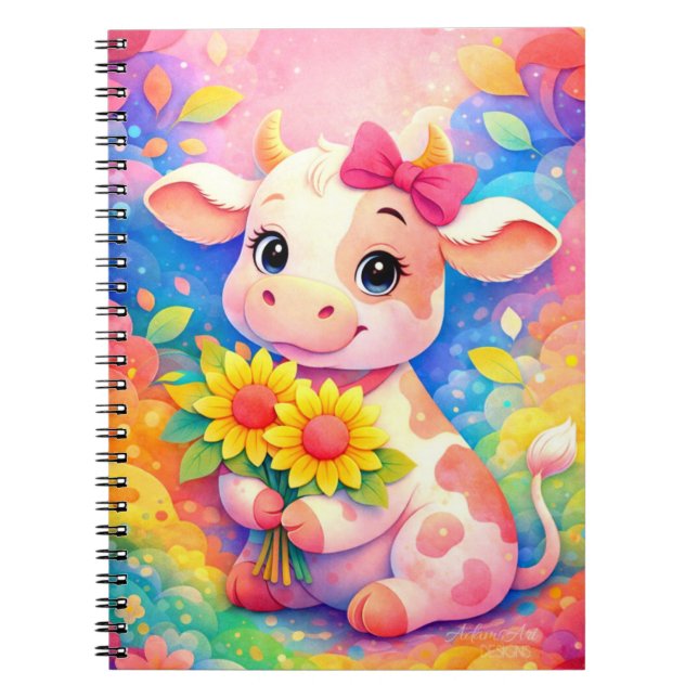 Cute Pastel Baby Cow with Sunflowers Notebook (Front)