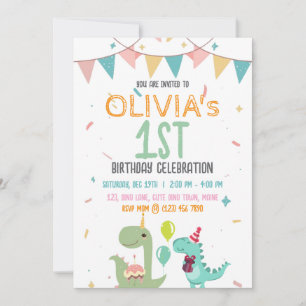 Cute Pastel Baby Dinosaur 1st Birthday Party Invitation