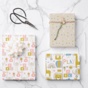 Cute Pastel Baby Girl Pink Elephant Stork Giraffe Wrapping Paper Sheet