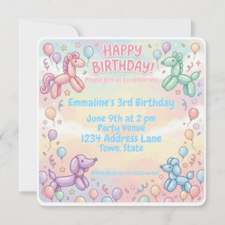 Cute Pastel Balloon Animal Birthday Girl  Invitation