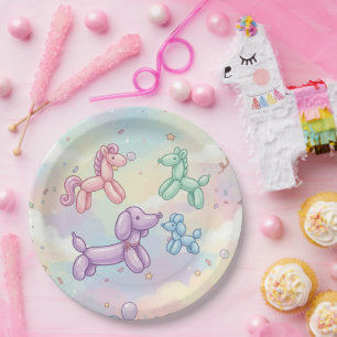 Cute Pastel Balloon Animal Birthday Paper Plate