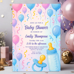 Cute pastel balloons and baby bottle baby shower invitation