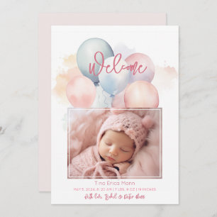 Cute Pastel Balloons Welcome Baby Girl Birth Announcement