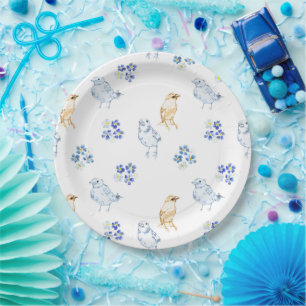 Cute pastel birds and floral seamless pattern paper plate