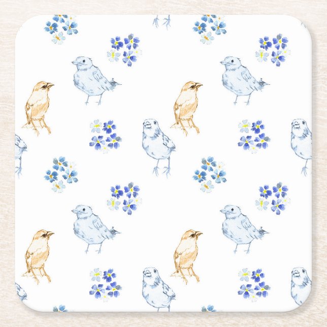 Cute pastel birds and floral seamless pattern   square paper coaster (Front)