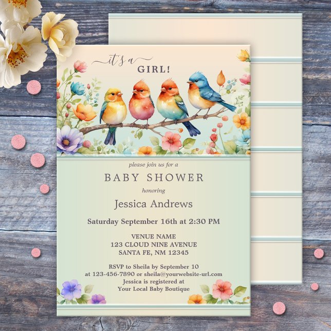 Cute Pastel Birds Watercolor Floral Baby Shower Invitation (Cute baby shower invite featuring a watercolor illustration of flowers and birds in pastel colors)