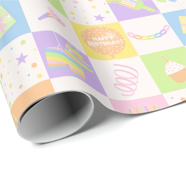 Cute Pastel Birthday Pattern with Party Icons Wrapping Paper (Roll Corner)