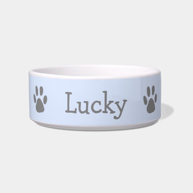 Cute Pastel Blue and Grey Paw Print Pet Bowl (Front)
