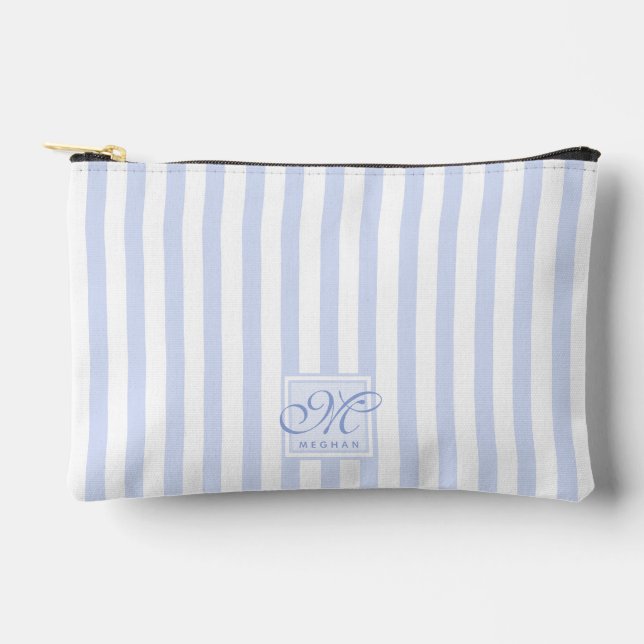 Cute Pastel Blue and White Stripes - Monogrammed Accessory Pouch (Front)