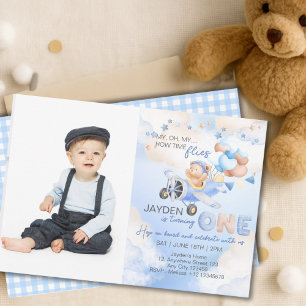 Cute Pastel Blue Brown Baby Bear On Plane  Invitation