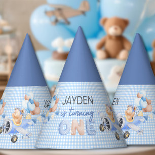 Cute Pastel Blue Brown Baby Bear Turning One Party Hat