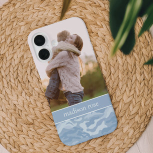 Cute Pastel Blue Camo Personalised Photo iPhone 16 Case