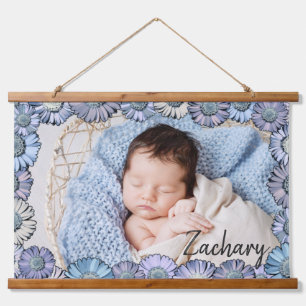 Cute Pastel Blue Daisy Baby Boy Name Photo Nursery Hanging Tapestry