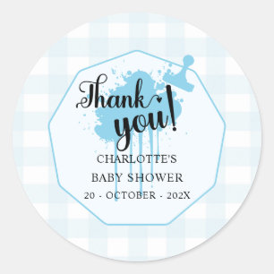 Cute Pastel Blue Gingham Baby Shower Classic Round Sticker