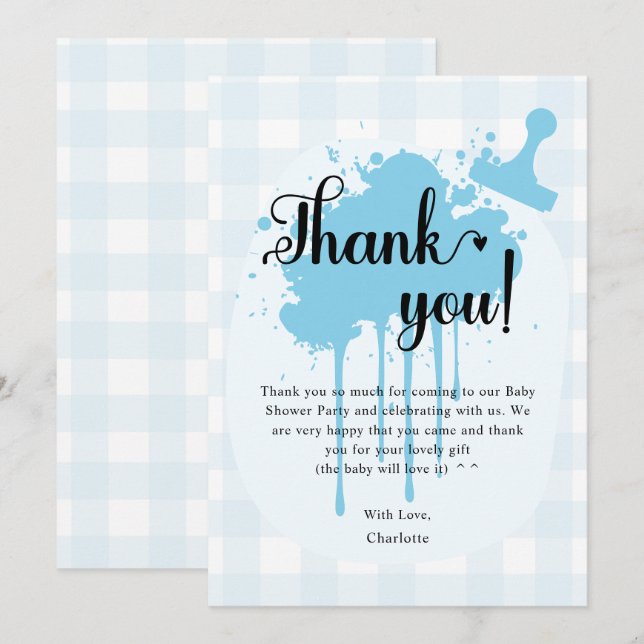 Cute Pastel Blue Gingham Baby Shower Thank You Card (Front/Back)
