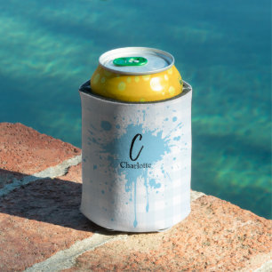 Cute Pastel Blue Gingham Can Cooler