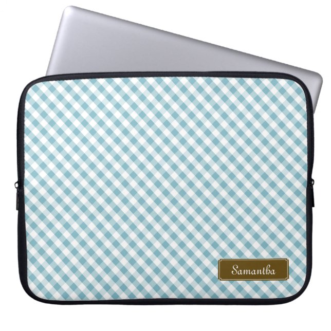Cute Pastel Blue Gingham Pattern Laptop Sleeve (Front)
