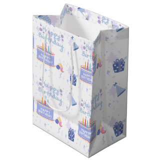 Cute Pastel Blue Happy Birthday Cake Seamless Patt Medium Gift Bag