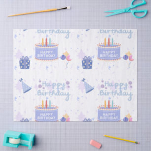 Cute Pastel Blue Happy Birthday Cake Seamless Patt Tissue Paper