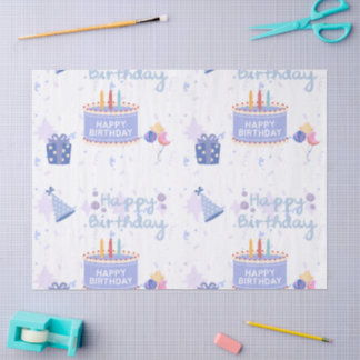 Cute Pastel Blue Happy Birthday Cake Seamless Patt Tissue Paper