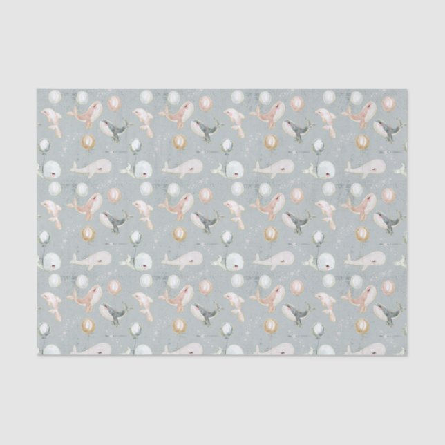 Cute Pastel Blue Pink Grey Whale Dolphin Balloon Tissue Paper (Front)