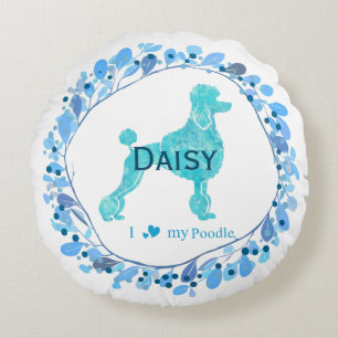 Cute Pastel Blue Poodle Custom Name & Photo Round Cushion