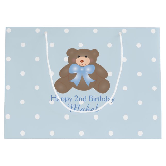 Cute Pastel Blue Ribbon Teddy Bear Boy Birthday Large Gift Bag (Front)