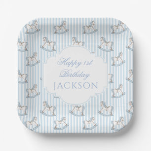 Cute pastel blue rocking horse baby boy shower paper plate