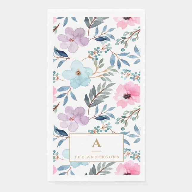 Cute Pastel Blue Watercolor Flowers Monogram Napkin (Front)