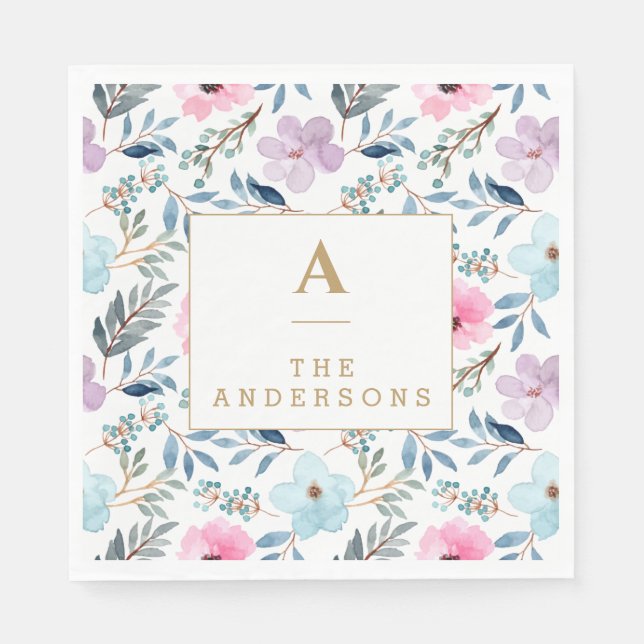Cute Pastel Blue Watercolor Flowers Monogram  Napkin (Front)