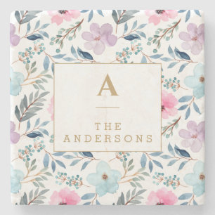Cute Pastel Blue Watercolor Flowers Monogram   Stone Coaster