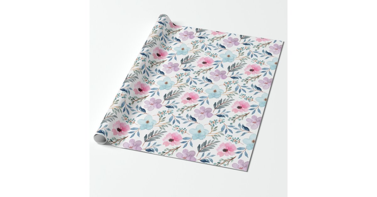 Cute Pastel Blue Watercolor Flowers Pattern Wrapping Paper | Zazzle