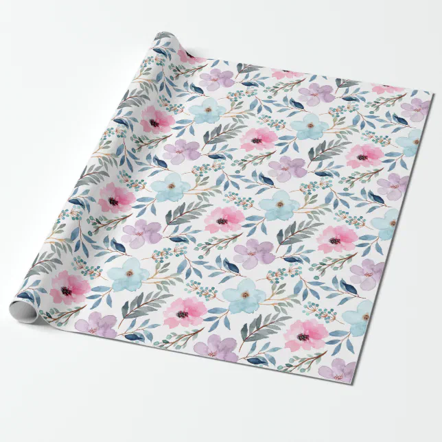 Cute Pastel Blue Watercolor Flowers Pattern Wrapping Paper | Zazzle