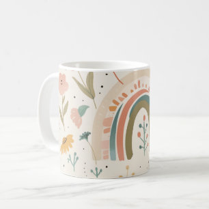 Cute Pastel Blush Teal Boho Flowers and Rainbow Coffee Mug