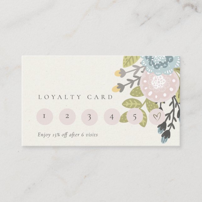 Cute Pastel Boho Blush Blue Floral 6 Punch Loyalty Business Card (Front)
