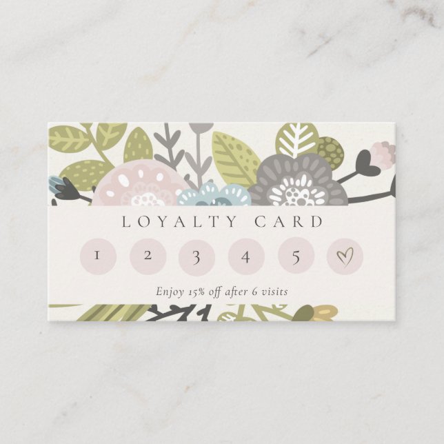 Cute Pastel Boho Blush Blue Floral 6 Punch Loyalty Business Card (Front)