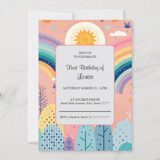Cute Pastel Boho Rainbow & Sun Above Forest Invitation