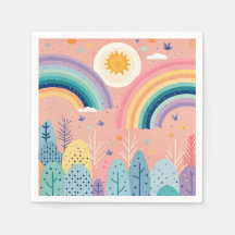 Cute Pastel Boho Rainbow & Sun Above Forest